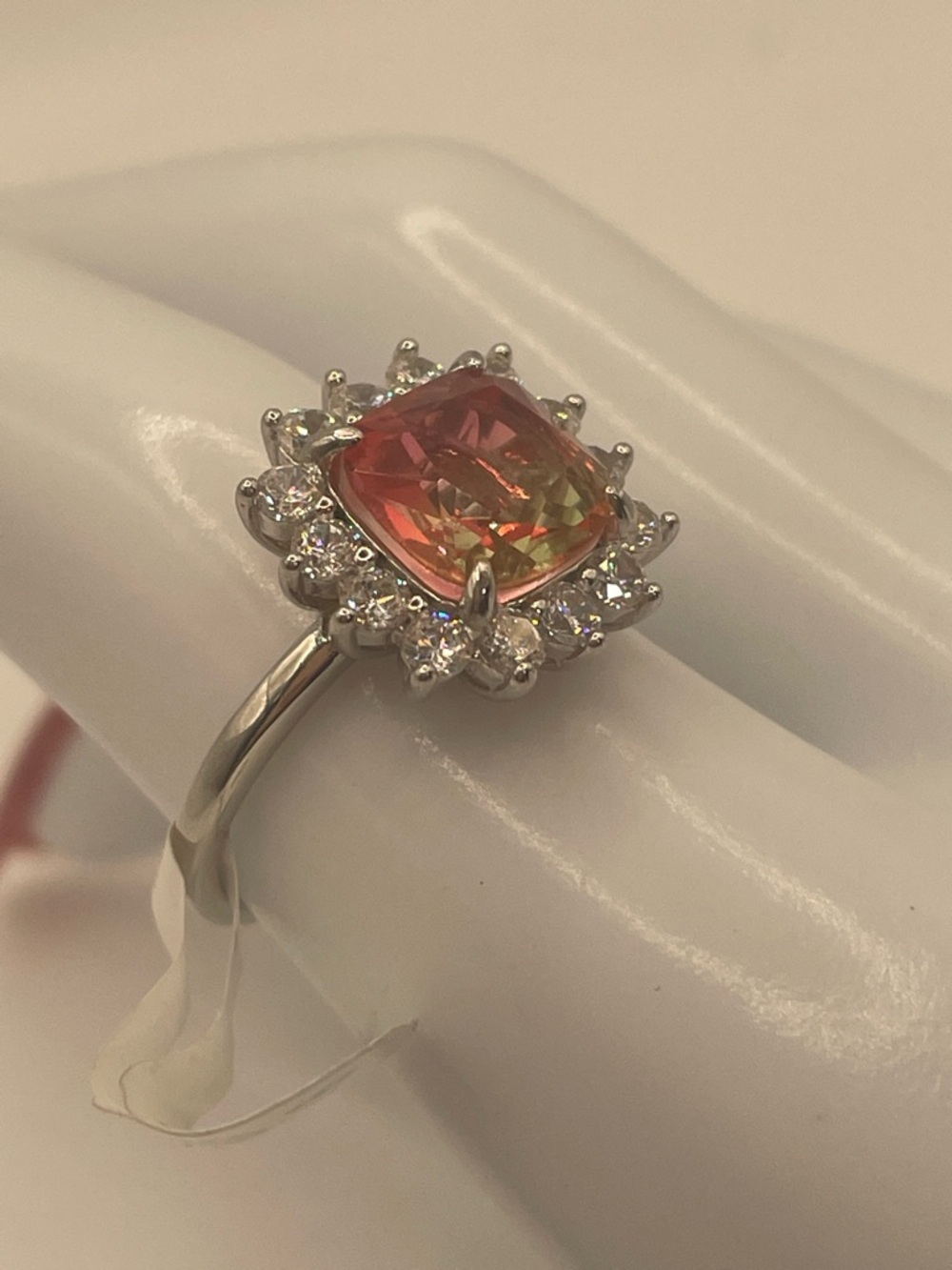 Sterling Silver 925 Watermelon Tourmaline Gradient Cushion Halo Ring Size 8
